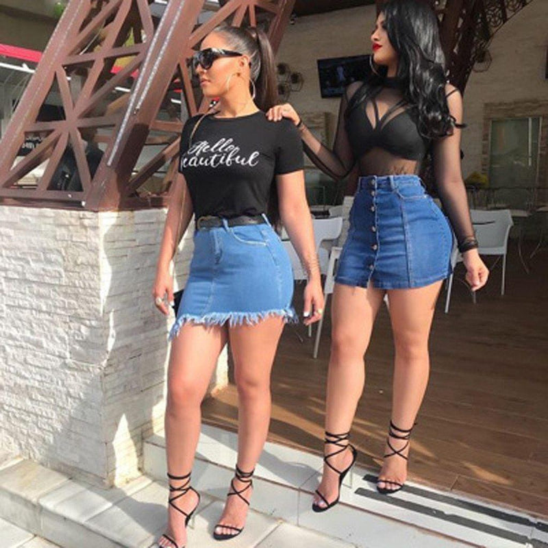 Blue Tassels Zipper High Waist Mini Denim Skirts-Denim Skirts-Arimonz-Arimonz