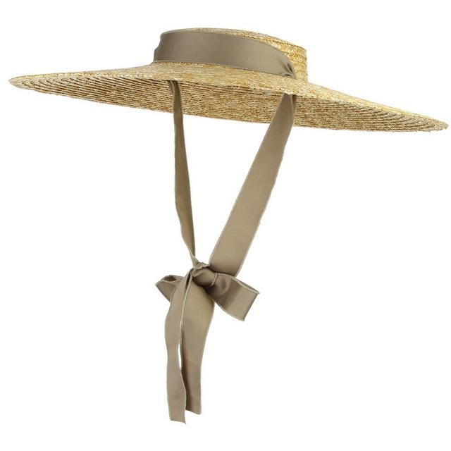 Bow Flat Top Straw Hat-Hats-Arimonz-12cm/4.72inch brim-Khaki-Arimonz