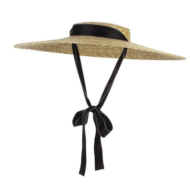 Bow Flat Top Straw Hat-Hats-Arimonz-12cm/4.72inch brim-White Black-Arimonz
