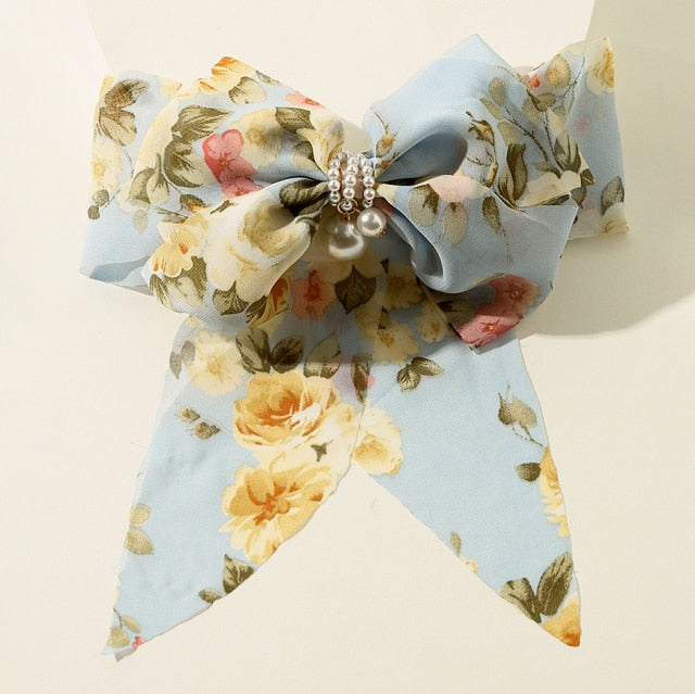 Bowknot Pearl Barrettes Clips Women Ribbon Hair Accessories-Hair Accessories-Arimonz-Floral Blue-Arimonz