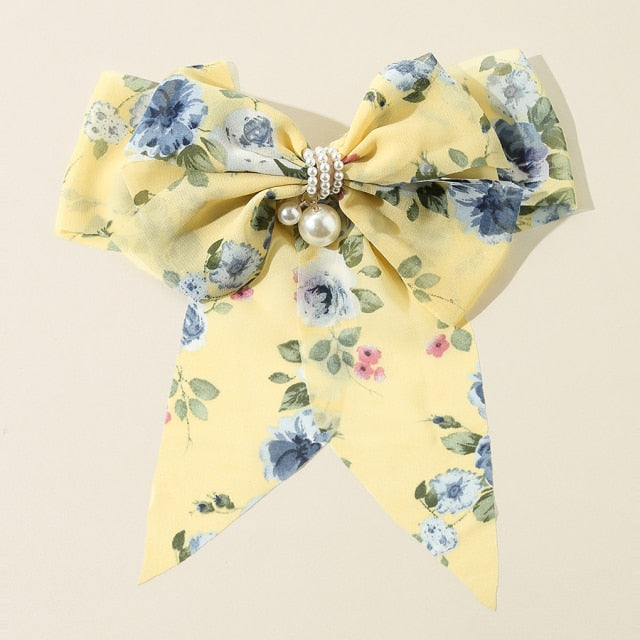 Bowknot Pearl Barrettes Clips Women Ribbon Hair Accessories-Hair Accessories-Arimonz-Floral Yellow-Arimonz