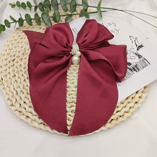 Bowknot Pearl Barrettes Clips Women Ribbon Hair Accessories-Hair Accessories-Arimonz-Maroon with Pearls-Arimonz