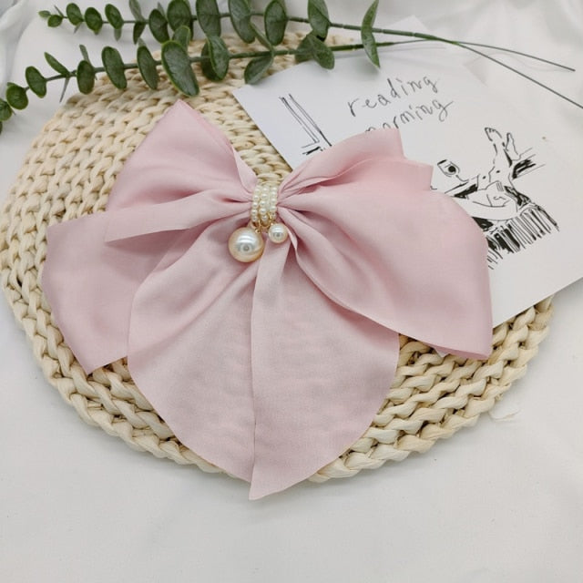 Bowknot Pearl Barrettes Clips Women Ribbon Hair Accessories-Hair Accessories-Arimonz-Pink with Pearls-Arimonz