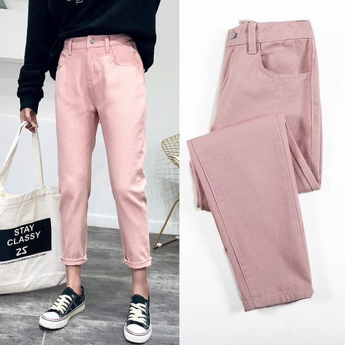 Boyfriend Casual Denim Jeans, Harem High Waist Straight Jeans-Straight Jeans-Arimonz-Pink-25-Arimonz