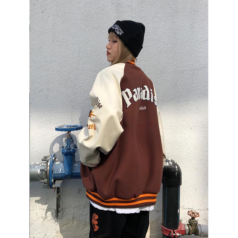 Brown Jacket Baseball Bomber Female Zip Up Jacket Streetwear Clothing-Bomber Coats-Arimonz-Arimonz