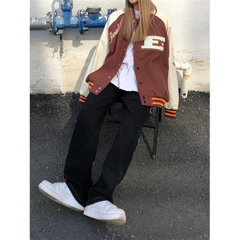 Brown Jacket Baseball Bomber Female Zip Up Jacket Streetwear Clothing-Bomber Coats-Arimonz-White sleeve-M-Arimonz