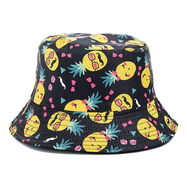 Bucket Hats Reversible Flower Geometric Printing Women Outdoor Hat-Bucket Hats-Arimonz-Black Pineapple-Arimonz