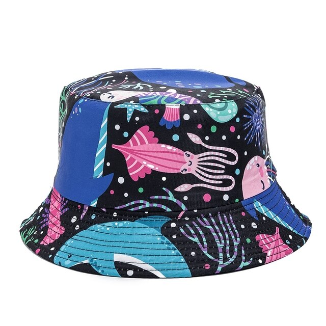 Bucket Hats Reversible Flower Geometric Printing Women Outdoor Hat-Bucket Hats-Arimonz-Black Squid-Arimonz