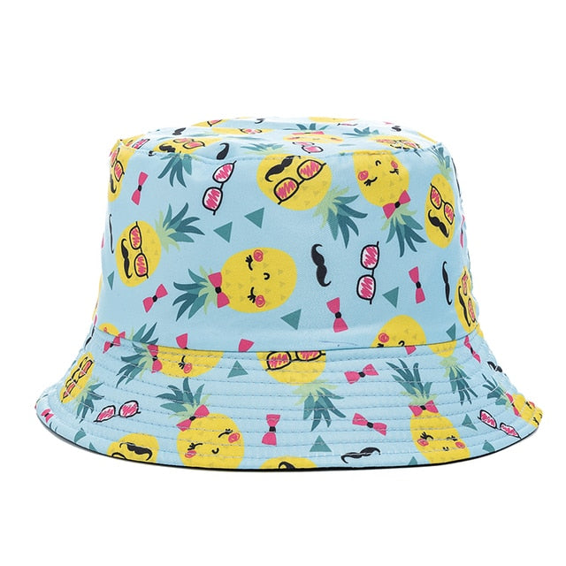 Bucket Hats Reversible Flower Geometric Printing Women Outdoor Hat-Bucket Hats-Arimonz-Blue Pineapple-Arimonz