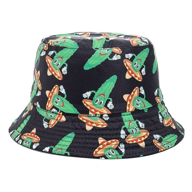 Bucket Hats Reversible Flower Geometric Printing Women Outdoor Hat-Bucket Hats-Arimonz-Cactus Black-Arimonz