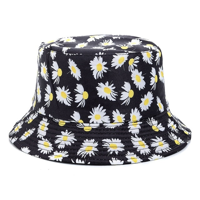 Bucket Hats Reversible Flower Geometric Printing Women Outdoor Hat-Bucket Hats-Arimonz-Daisy black-Arimonz
