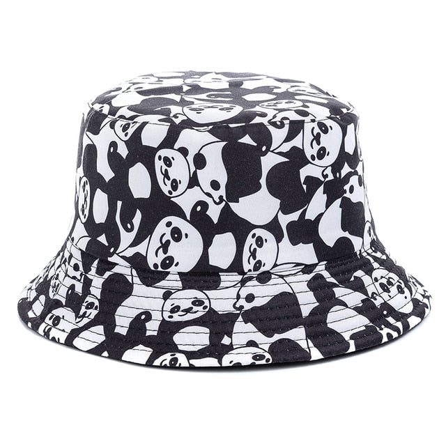 Bucket Hats Reversible Flower Geometric Printing Women Outdoor Hat-Bucket Hats-Arimonz-Panda Black-Arimonz