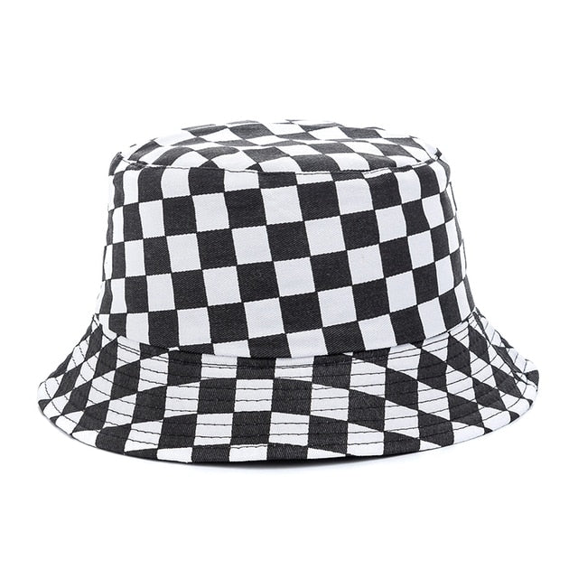Bucket Hats Reversible Flower Geometric Printing Women Outdoor Hat-Bucket Hats-Arimonz-Plaid Black-Arimonz