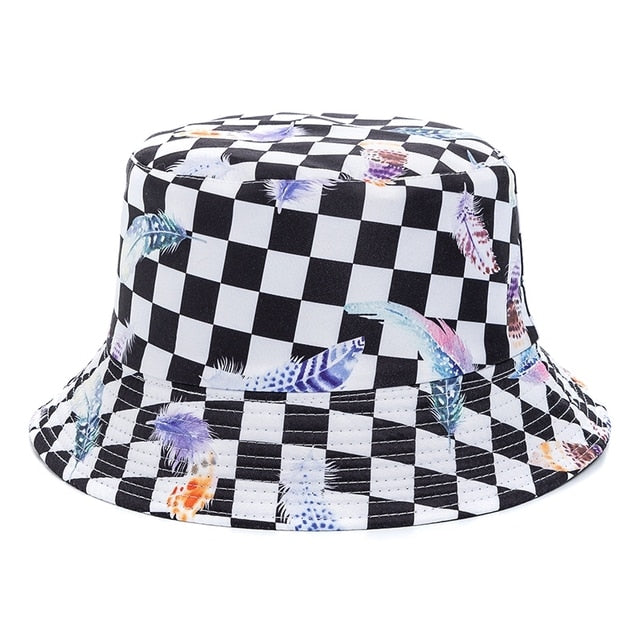 Bucket Hats Reversible Flower Geometric Printing Women Outdoor Hat-Bucket Hats-Arimonz-Plaid Feather Black-Arimonz