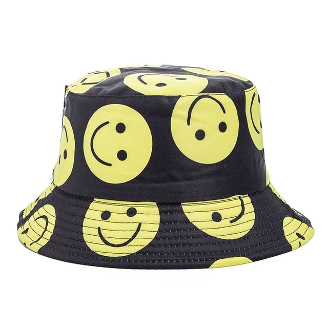 Bucket Hats Reversible Flower Geometric Printing Women Outdoor Hat-Bucket Hats-Arimonz-Smile Black-Arimonz