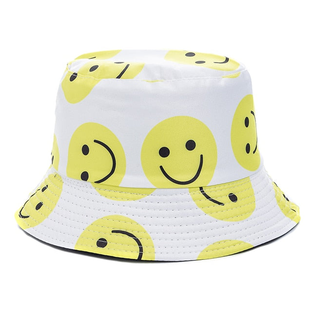 Bucket Hats Reversible Flower Geometric Printing Women Outdoor Hat-Bucket Hats-Arimonz-Smile White-Arimonz