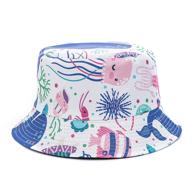 Bucket Hats Reversible Flower Geometric Printing Women Outdoor Hat-Bucket Hats-Arimonz-White Jellyfist-Arimonz