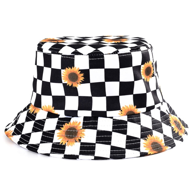 Bucket Hats Women Reversible Summer Print Bucket Hat Travel Hat-Bucket Hats-Arimonz-one side adjustable checkered sunflower-Arimonz