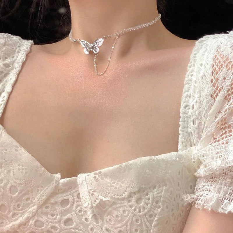 Butterfly Pearl Rhinestones Choker Necklace for Women Fashion Jewelry for Women-Necklaces-Arimonz-Arimonz