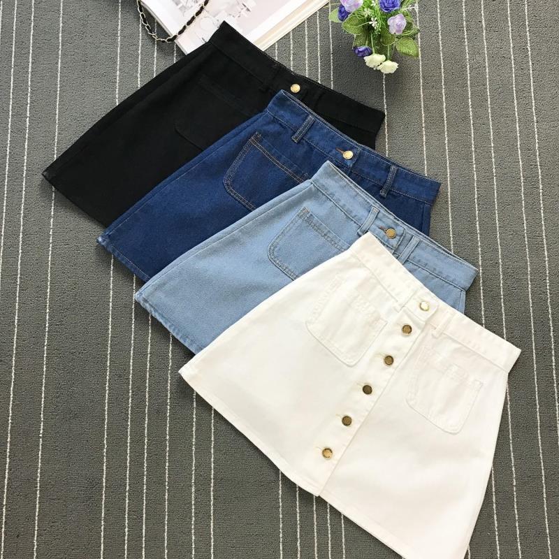 Button A-line High Waist Mini Denim Skirt-Denim Skirts-Arimonz-Arimonz
