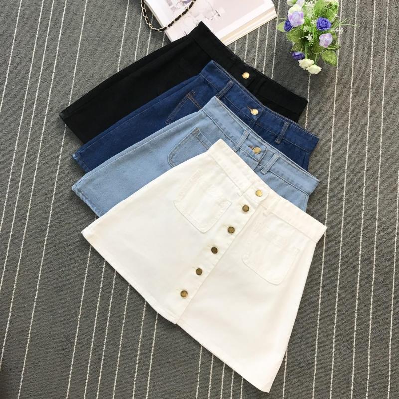 Button A-line High Waist Mini Denim Skirt-Denim Skirts-Arimonz-Arimonz