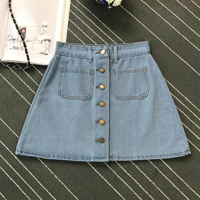 Button A-line High Waist Mini Denim Skirt-Denim Skirts-Arimonz-Arimonz