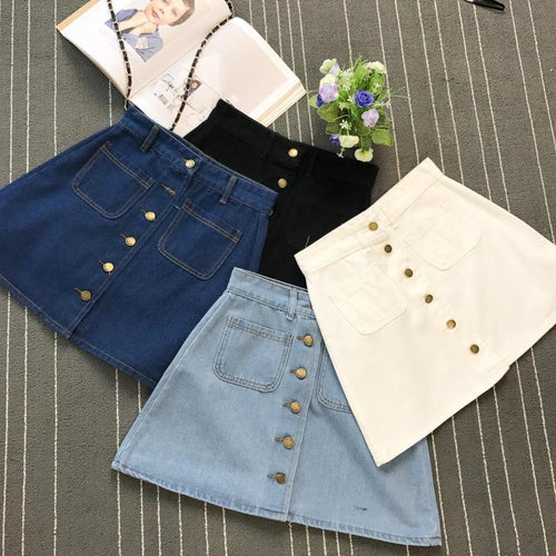 Button A-line High Waist Mini Denim Skirt-Denim Skirts-Arimonz-Arimonz