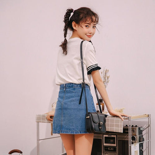 Button High Waist A-line Mini Denim Skirts With Strap-Denim Skirts-Arimonz-Arimonz