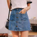 Button High Waist A-line Mini Denim Skirts With Strap-Denim Skirts-Arimonz-Arimonz