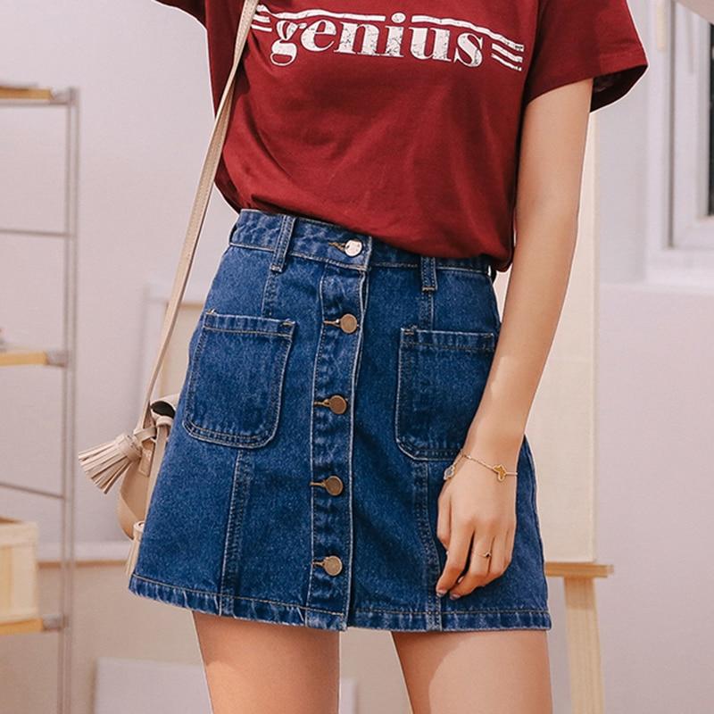 Button High Waist A-line Mini Denim Skirts With Strap-Denim Skirts-Arimonz-Arimonz