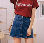 Button High Waist A-line Mini Denim Skirts With Strap-Denim Skirts-Arimonz-Arimonz