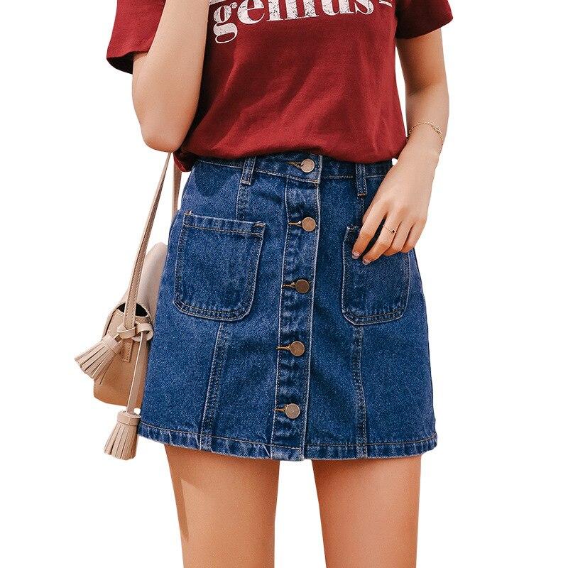 Button High Waist A-line Mini Denim Skirts With Strap-Denim Skirts-Arimonz-Blue-S-Arimonz