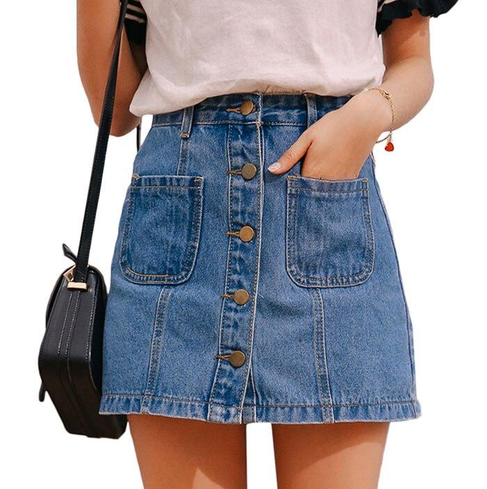Button High Waist A-line Mini Denim Skirts With Strap-Denim Skirts-Arimonz-Sky blue-S-Arimonz