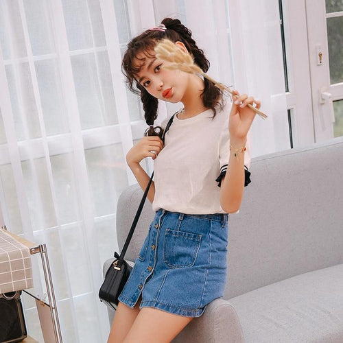Button High Waist A-line Mini Denim Skirts With Strap-Denim Skirts-Arimonz-Arimonz