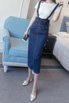Button Tea Length Pencil Denim Skirts With Straps-Denim Skirts-Arimonz-Arimonz