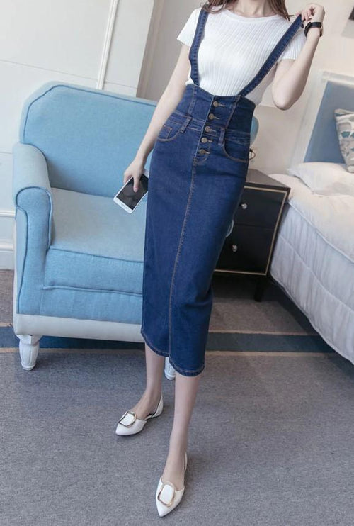 Button Tea Length Pencil Denim Skirts With Straps-Denim Skirts-Arimonz-Arimonz
