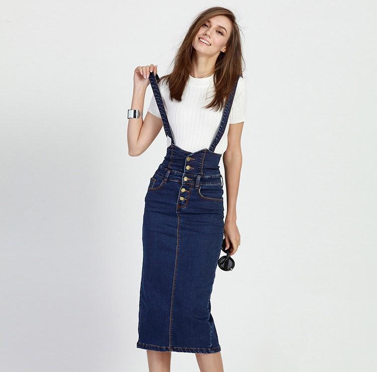 Button Tea Length Pencil Denim Skirts With Straps-Denim Skirts-Arimonz-Arimonz