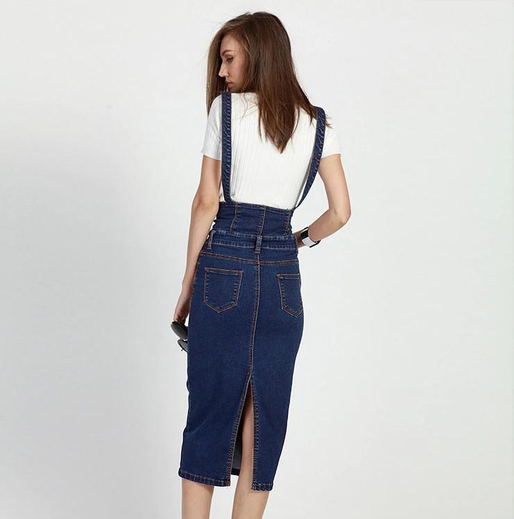 Button Tea Length Pencil Denim Skirts With Straps-Denim Skirts-Arimonz-Arimonz