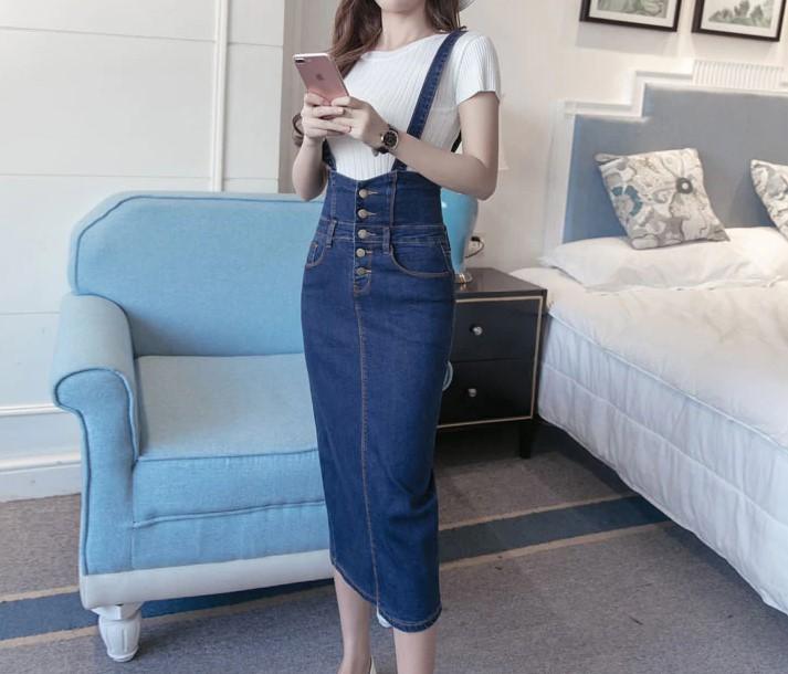 Button Tea Length Pencil Denim Skirts With Straps-Denim Skirts-Arimonz-Arimonz