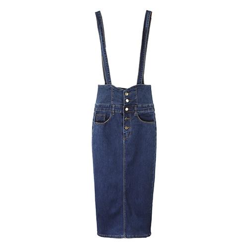 Button Tea Length Pencil Denim Skirts With Straps-Denim Skirts-Arimonz-S-Arimonz