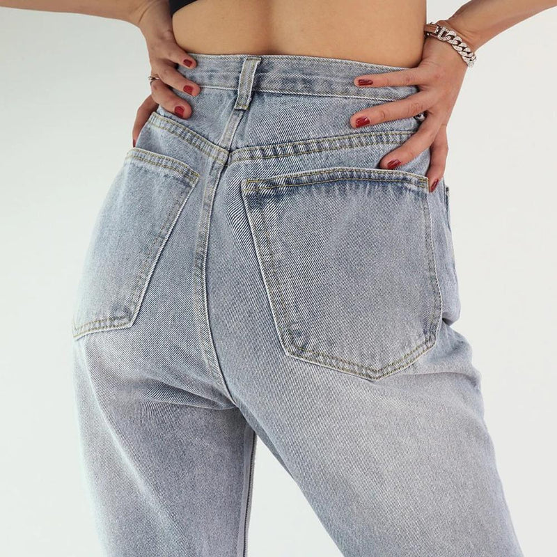 Button Up Jeans for Women Irregular High Waisted Straight Baggy Jeans-Straight Jeans-Arimonz-Arimonz
