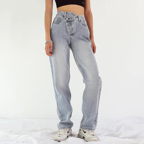 Button Up Jeans for Women Irregular High Waisted Straight Baggy Jeans-Straight Jeans-Arimonz-Arimonz