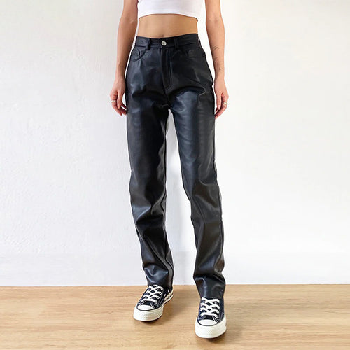 Cargo Pants Women Black Faux Leather High Waist Pant Straight Trouser-Pants-Arimonz-Arimonz