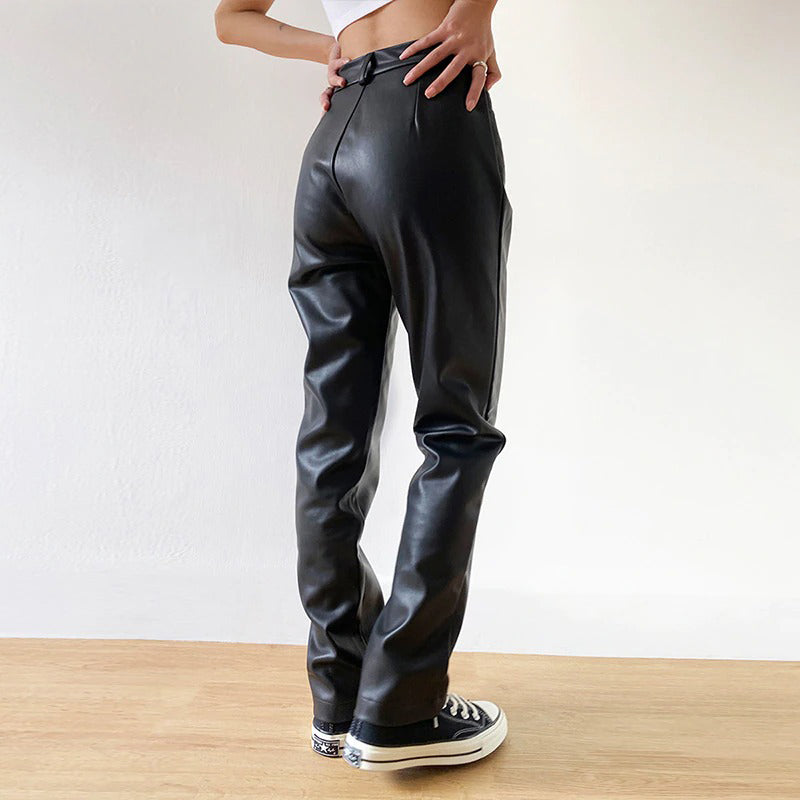 Cargo Pants Women Black Faux Leather High Waist Pant Straight Trouser-Pants-Arimonz-Arimonz