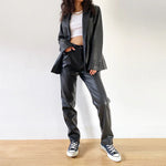 Cargo Pants Women Black Faux Leather High Waist Pant Straight Trouser-Pants-Arimonz-Arimonz