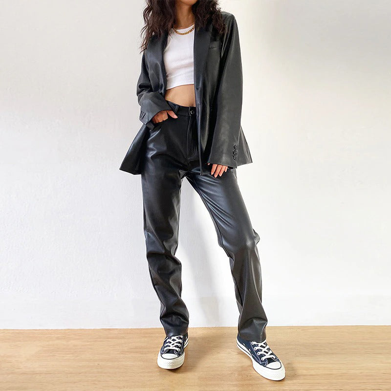 Cargo Pants Women Black Faux Leather High Waist Pant Straight Trouser-Pants-Arimonz-Arimonz