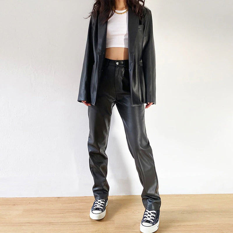 Cargo Pants Women Black Faux Leather High Waist Pant Straight Trouser-Pants-Arimonz-Arimonz