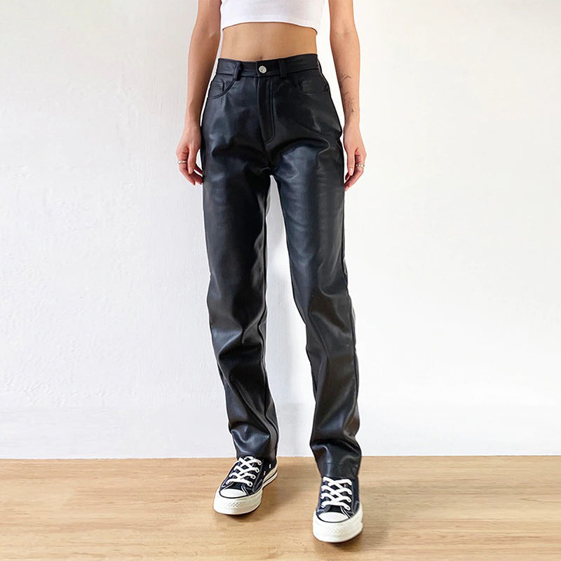Cargo Pants Women Black Faux Leather High Waist Pant Straight Trouser