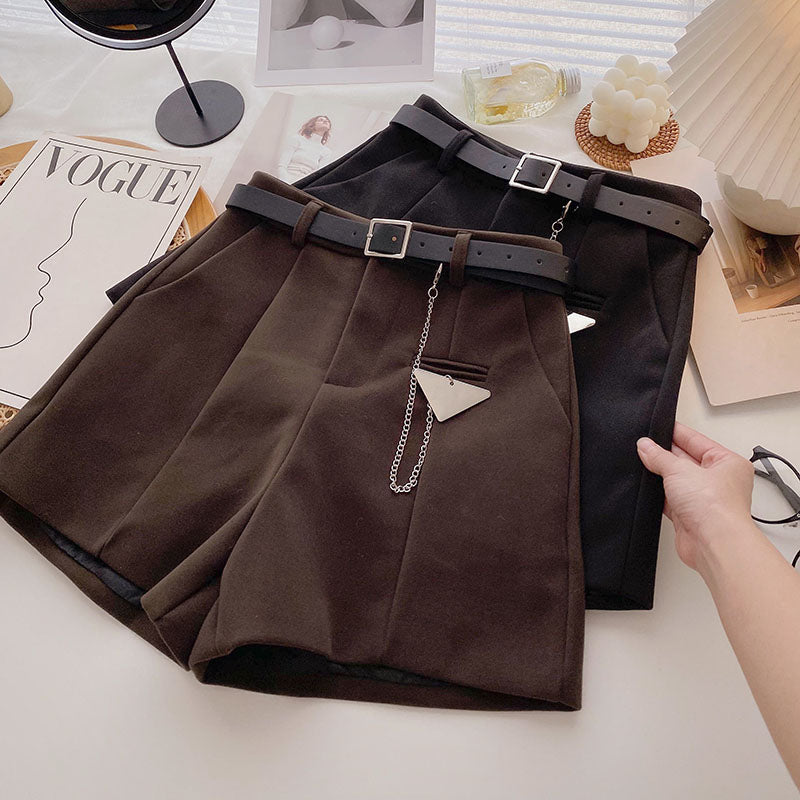 Casual Comfortable Elegant Shorts With Belt Women's Woolen Shorts-Shorts-Arimonz-Arimonz
