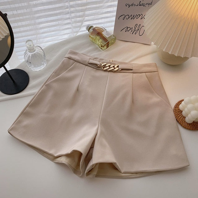 Casual Comfortable Elegant Shorts With Belt Women's Woolen Shorts-Shorts-Arimonz-Beige-S-Arimonz